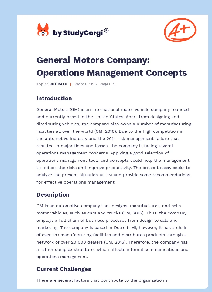 General Motors Company: Operations Management Concepts. Page 1
