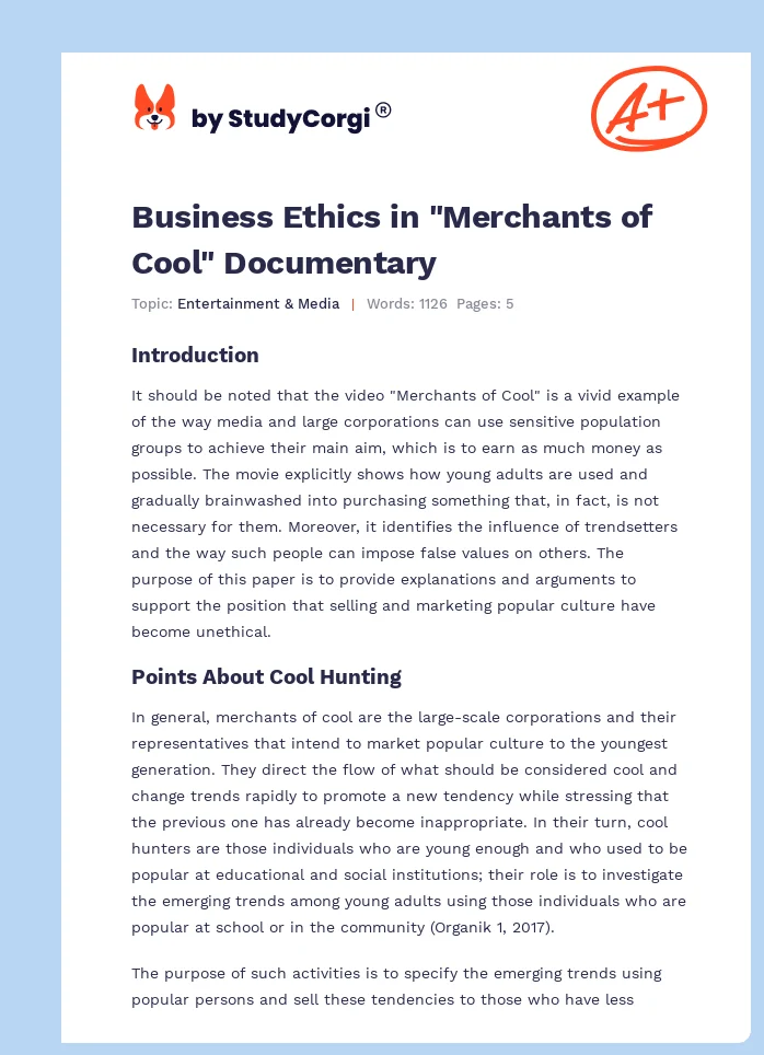 Business Ethics in "Merchants of Cool" Documentary. Page 1