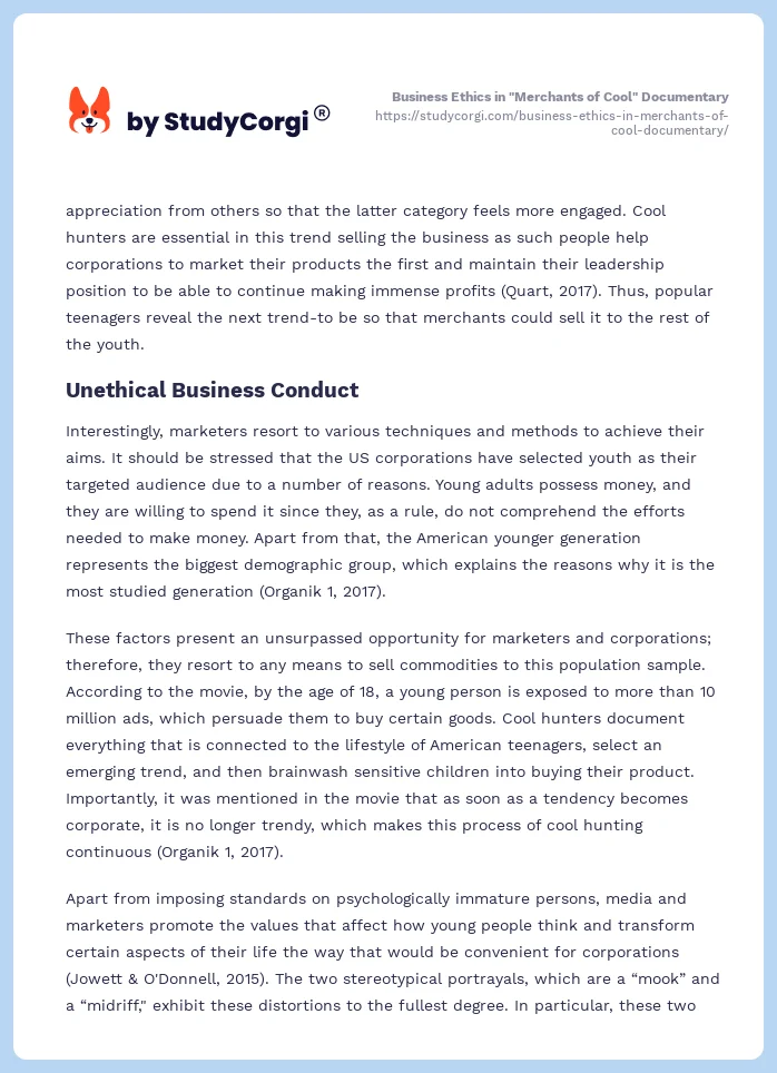 Business Ethics in "Merchants of Cool" Documentary. Page 2