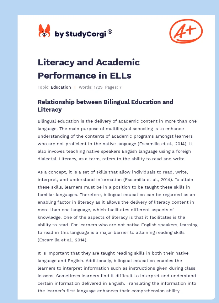 Literacy and Academic Performance in ELLs. Page 1