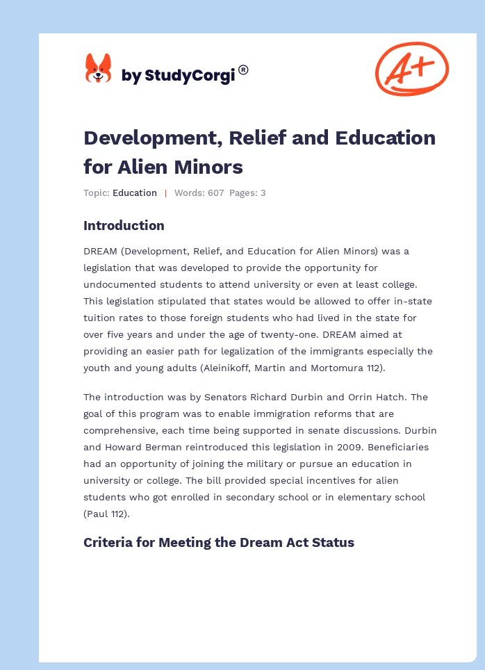 Development, Relief and Education for Alien Minors. Page 1
