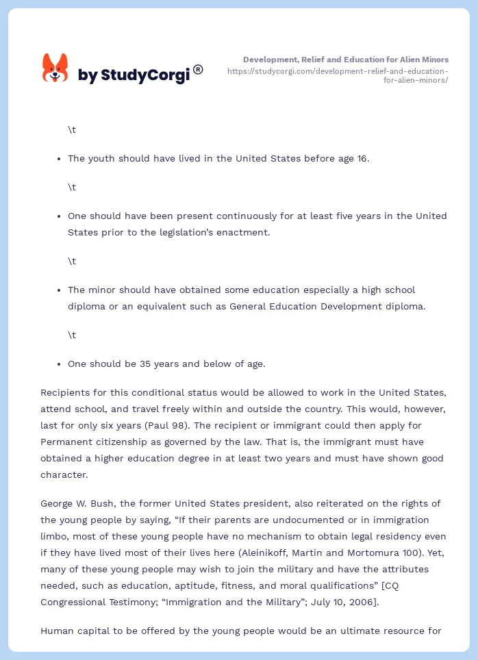 Development, Relief and Education for Alien Minors. Page 2