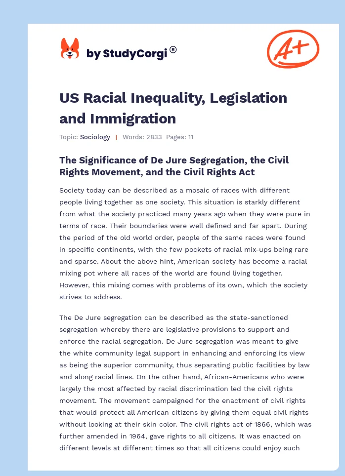 US Racial Inequality, Legislation and Immigration. Page 1