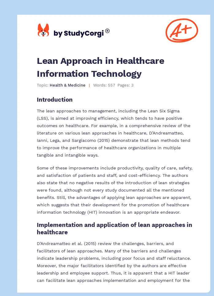 Lean Approach in Healthcare Information Technology. Page 1
