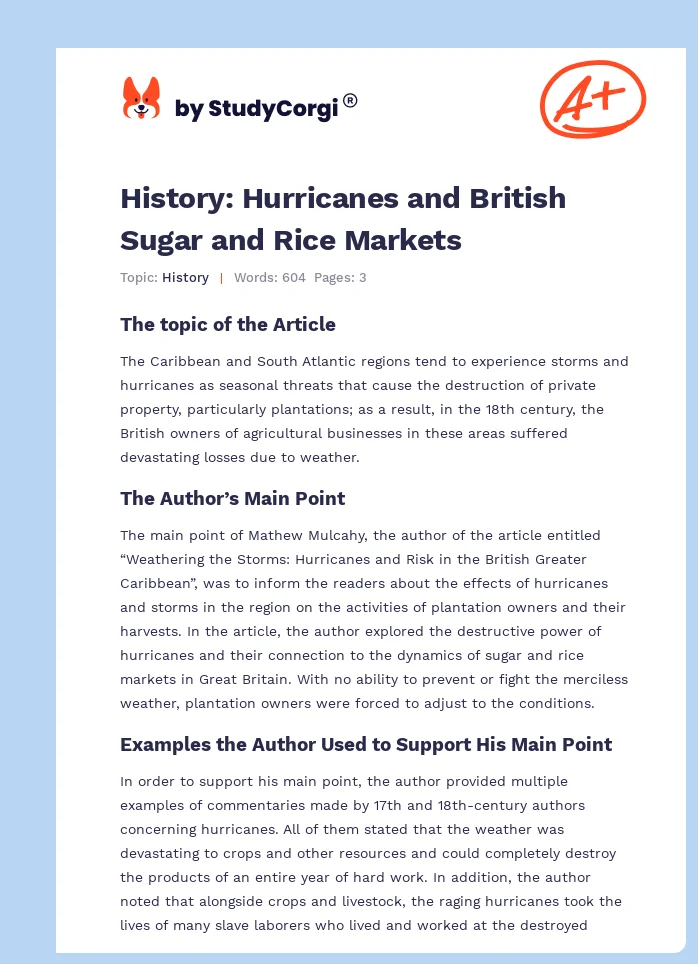 History: Hurricanes and British Sugar and Rice Markets. Page 1