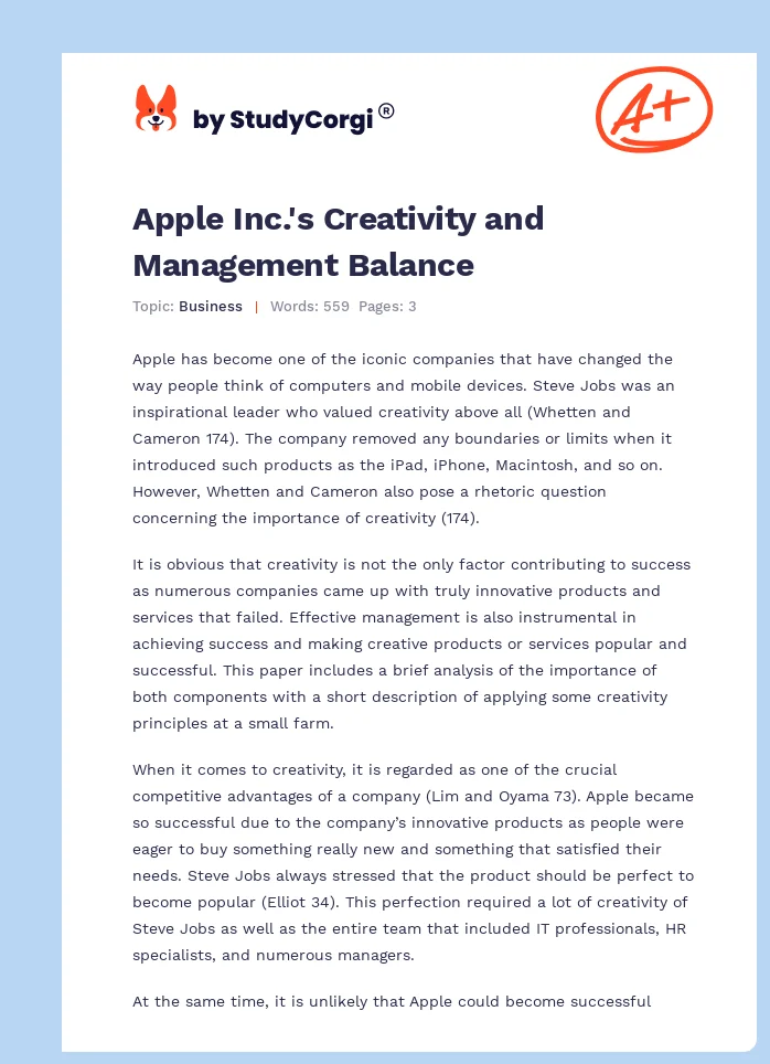 Apple Inc.'s Creativity and Management Balance. Page 1