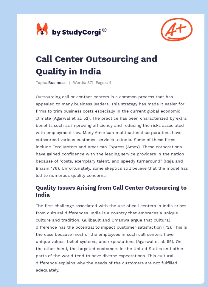 Call Center Outsourcing and Quality in India. Page 1
