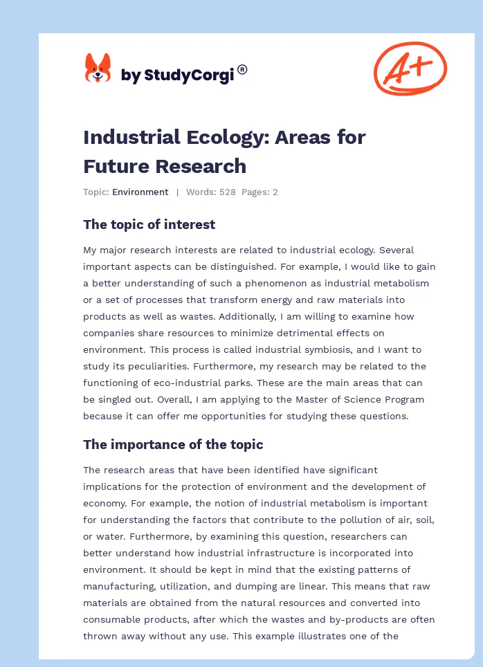 Industrial Ecology: Areas for Future Research. Page 1