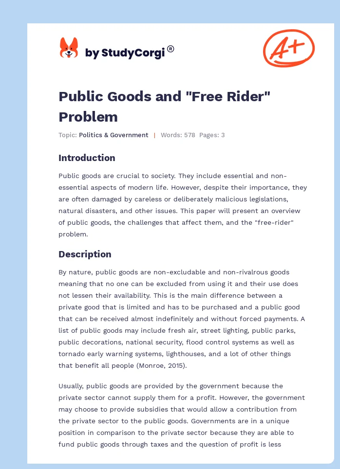 Public Goods and "Free Rider" Problem. Page 1