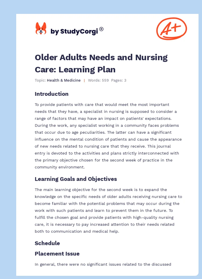 Older Adults Needs and Nursing Care: Learning Plan. Page 1