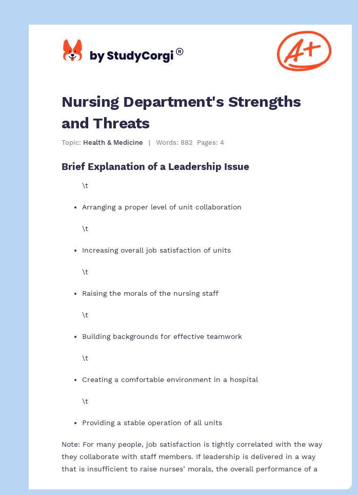 Nursing Department's Strengths and Threats. Page 1