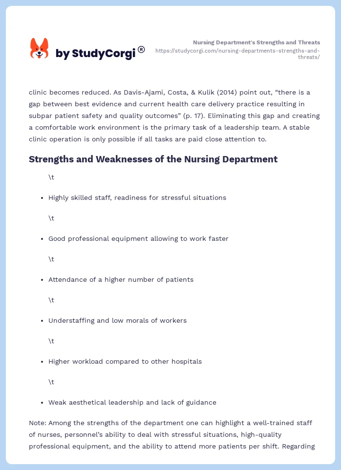Nursing Department's Strengths and Threats. Page 2