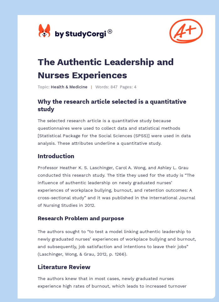The Authentic Leadership and Nurses Experiences. Page 1