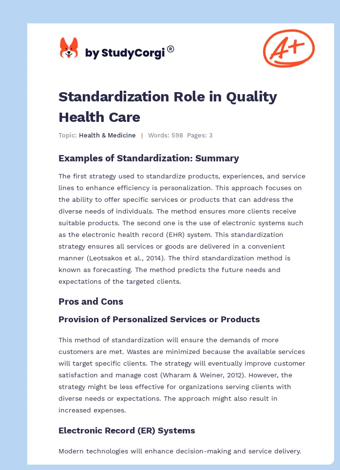 Standardization Role in Quality Health Care. Page 1
