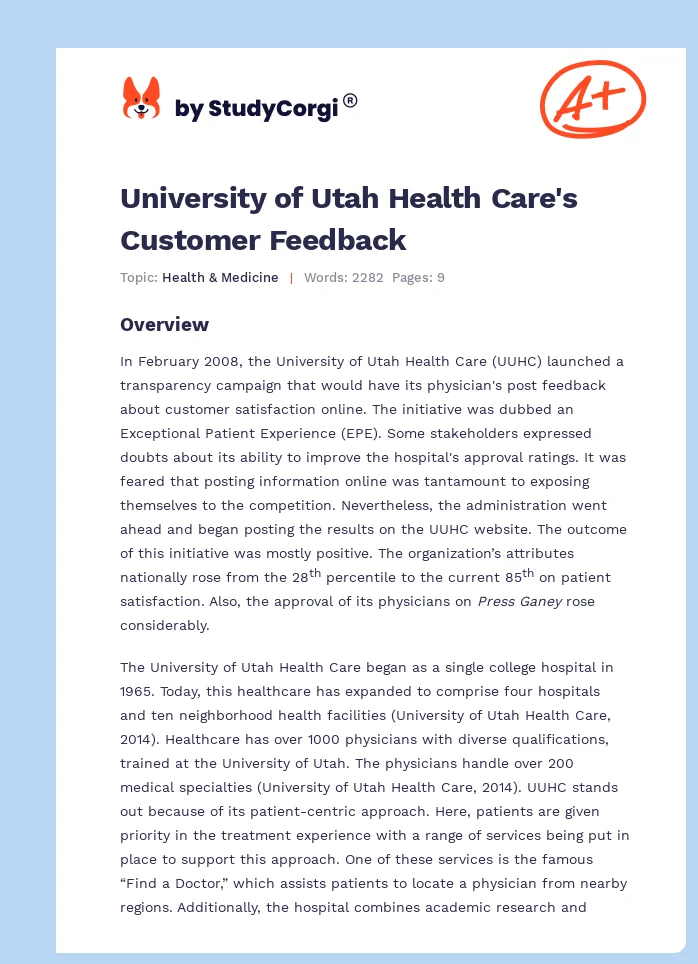 University of Utah Health Care's Customer Feedback. Page 1