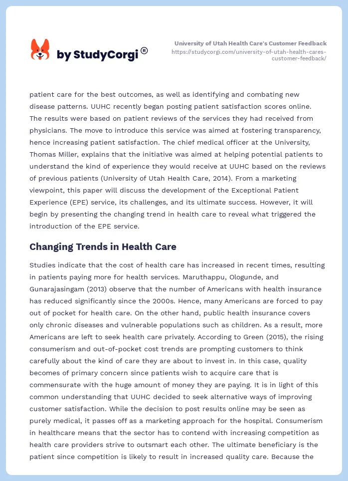 University of Utah Health Care's Customer Feedback. Page 2
