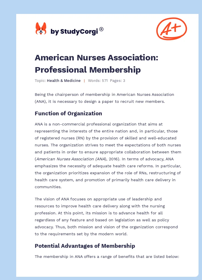 American Nurses Association: Professional Membership. Page 1