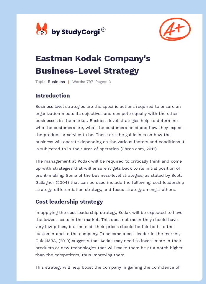 Eastman Kodak Company's Business-Level Strategy. Page 1