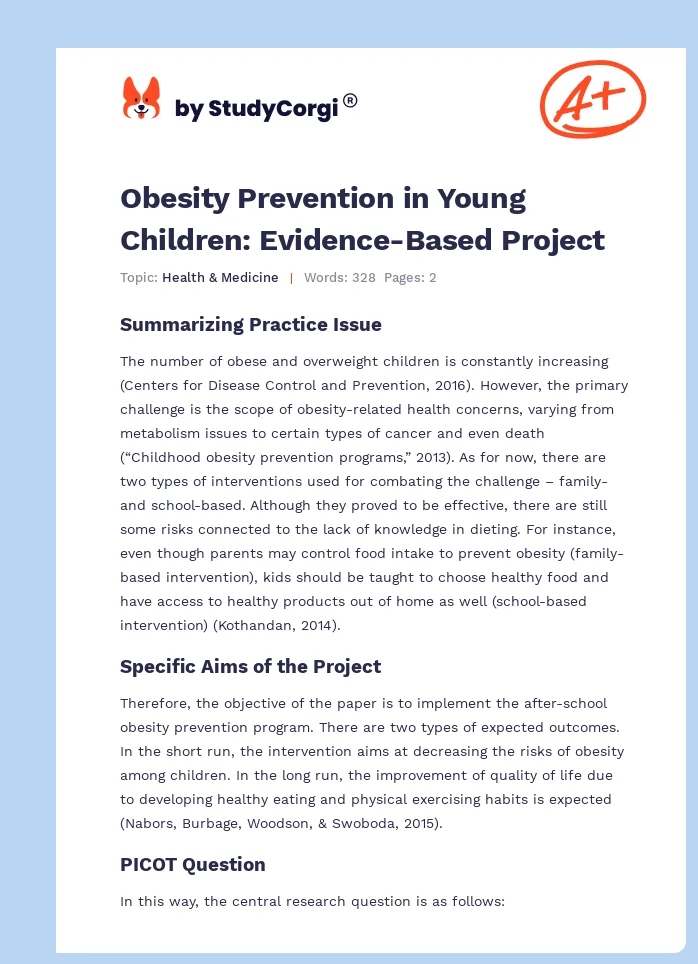 Obesity Prevention in Young Children: Evidence-Based Project. Page 1