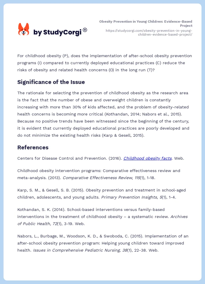 Obesity Prevention in Young Children: Evidence-Based Project. Page 2