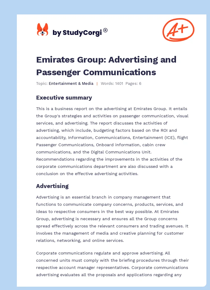 Emirates Group: Advertising and Passenger Communications. Page 1