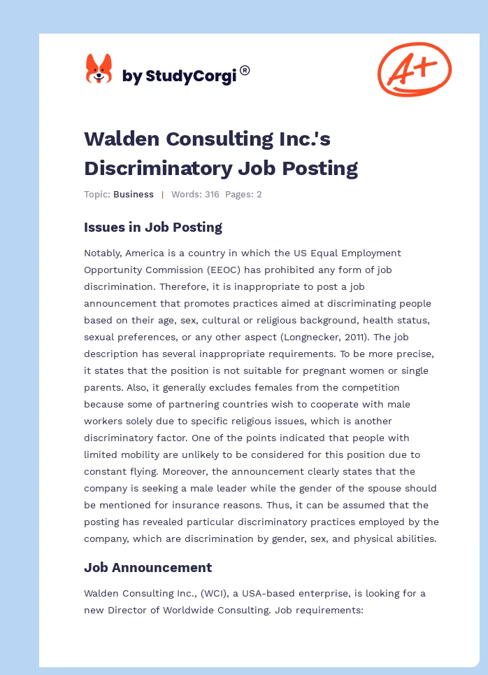 Walden Consulting Inc.'s Discriminatory Job Posting. Page 1