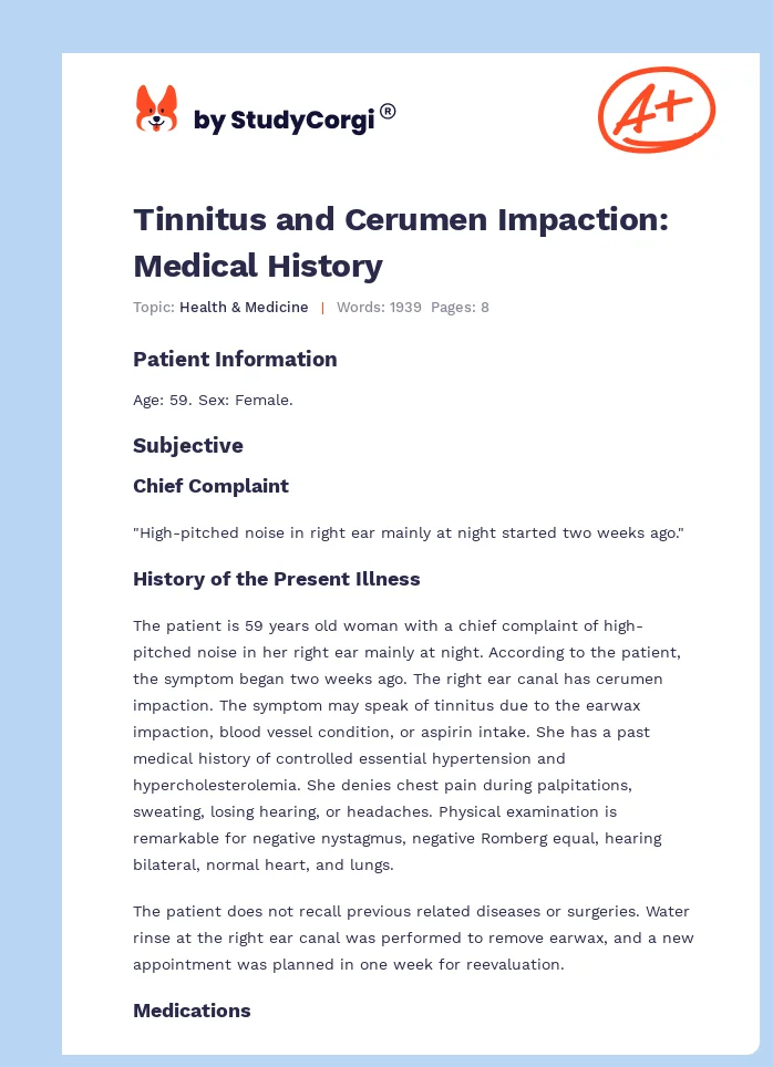 Tinnitus and Cerumen Impaction: Medical History. Page 1