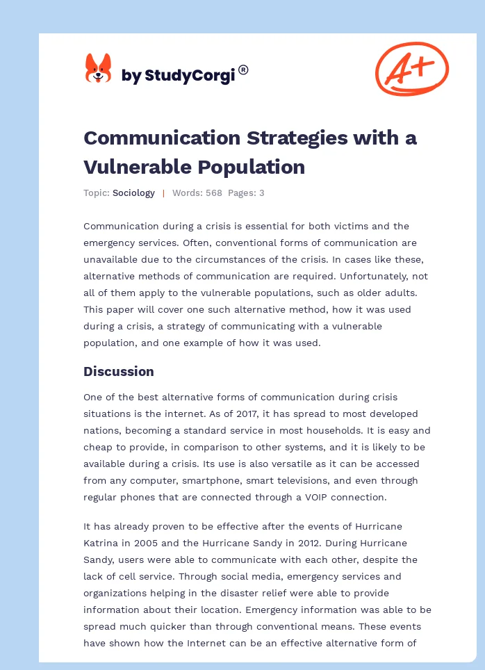 Communication Strategies with a Vulnerable Population. Page 1