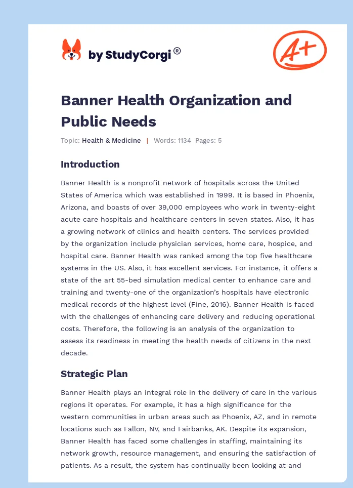 Banner Health Organization and Public Needs. Page 1