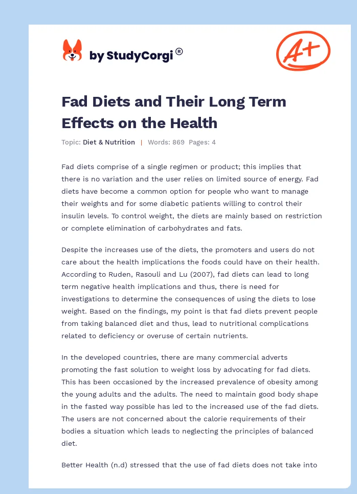Fad Diets and Their Long Term Effects on the Health. Page 1