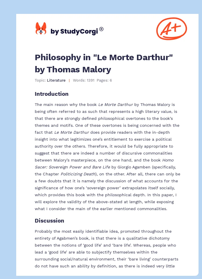 Philosophy in "Le Morte Darthur" by Thomas Malory. Page 1