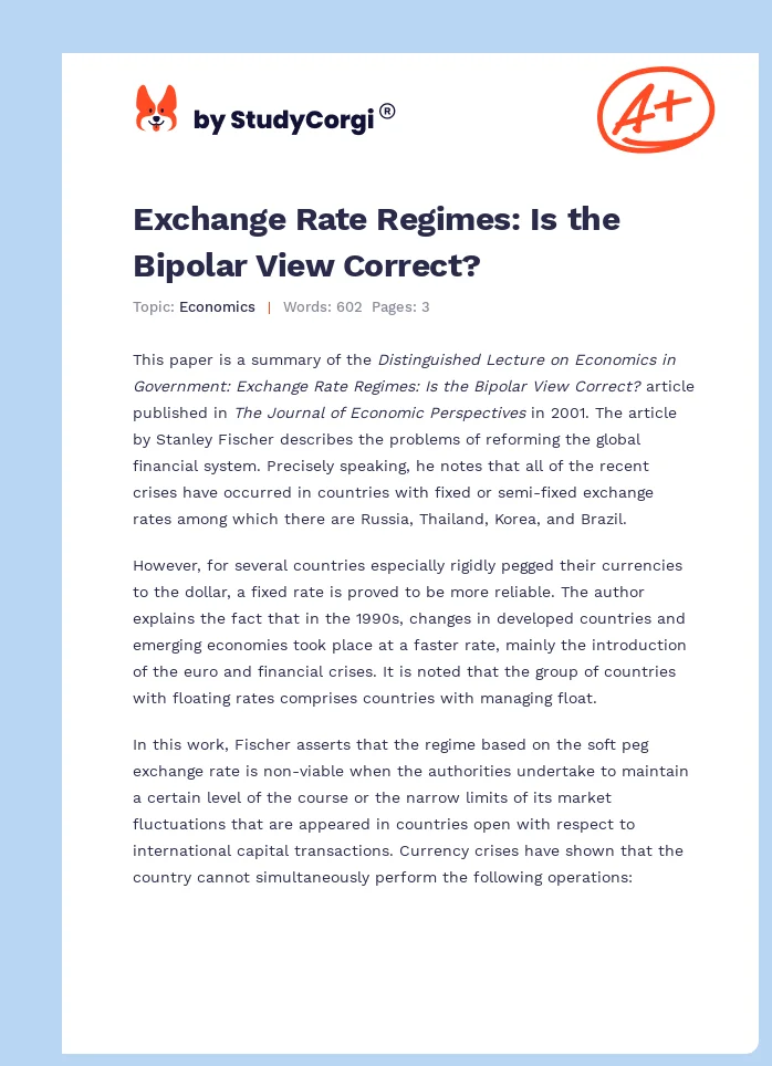 Exchange Rate Regimes: Is the Bipolar View Correct?. Page 1