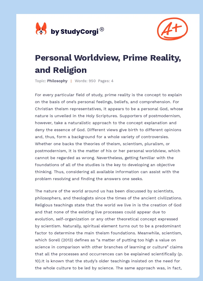 Personal Worldview, Prime Reality, and Religion. Page 1