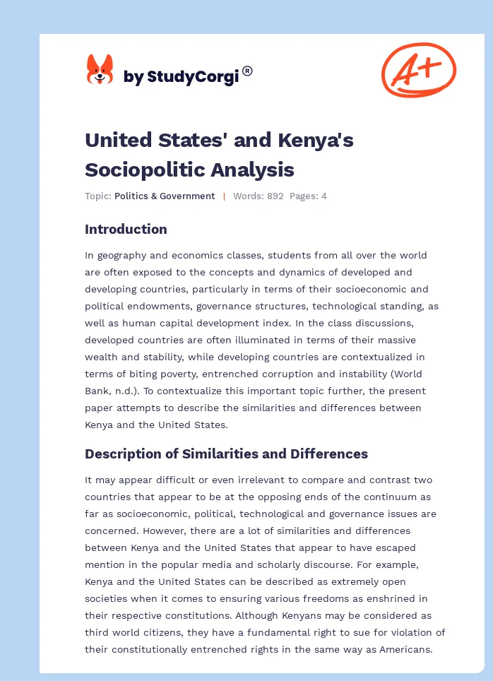 United States' and Kenya's Sociopolitic Analysis. Page 1
