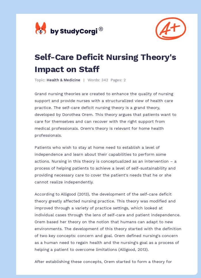 Self-Care Deficit Nursing Theory's Impact on Staff. Page 1