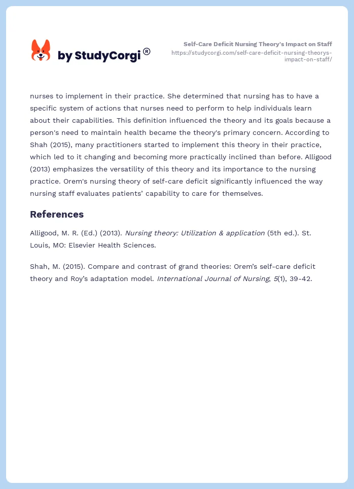 Self-Care Deficit Nursing Theory's Impact on Staff. Page 2