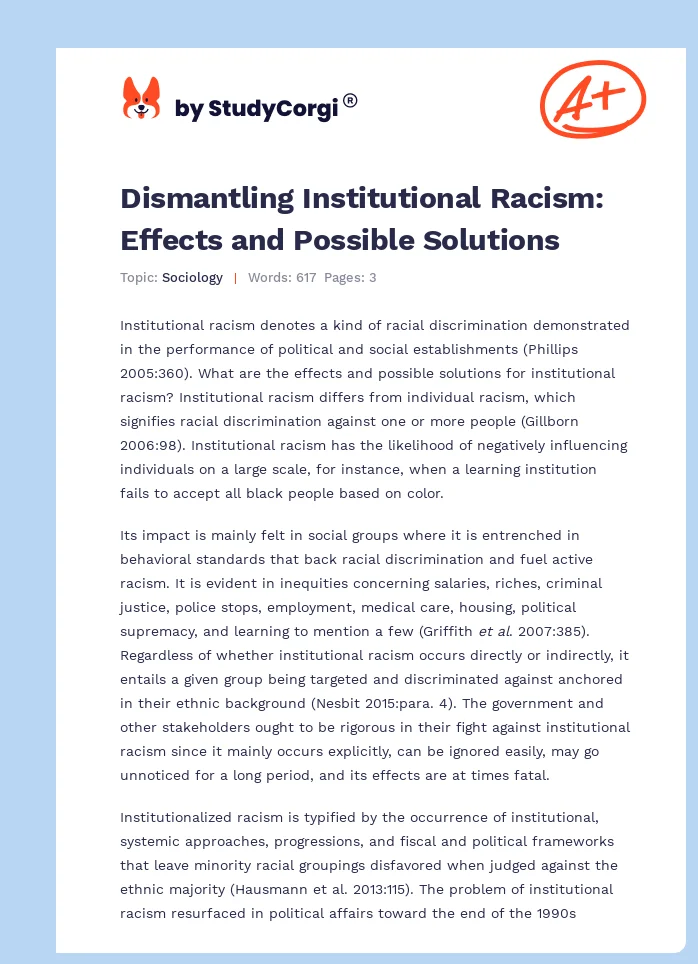 Dismantling Institutional Racism: Effects and Possible Solutions. Page 1