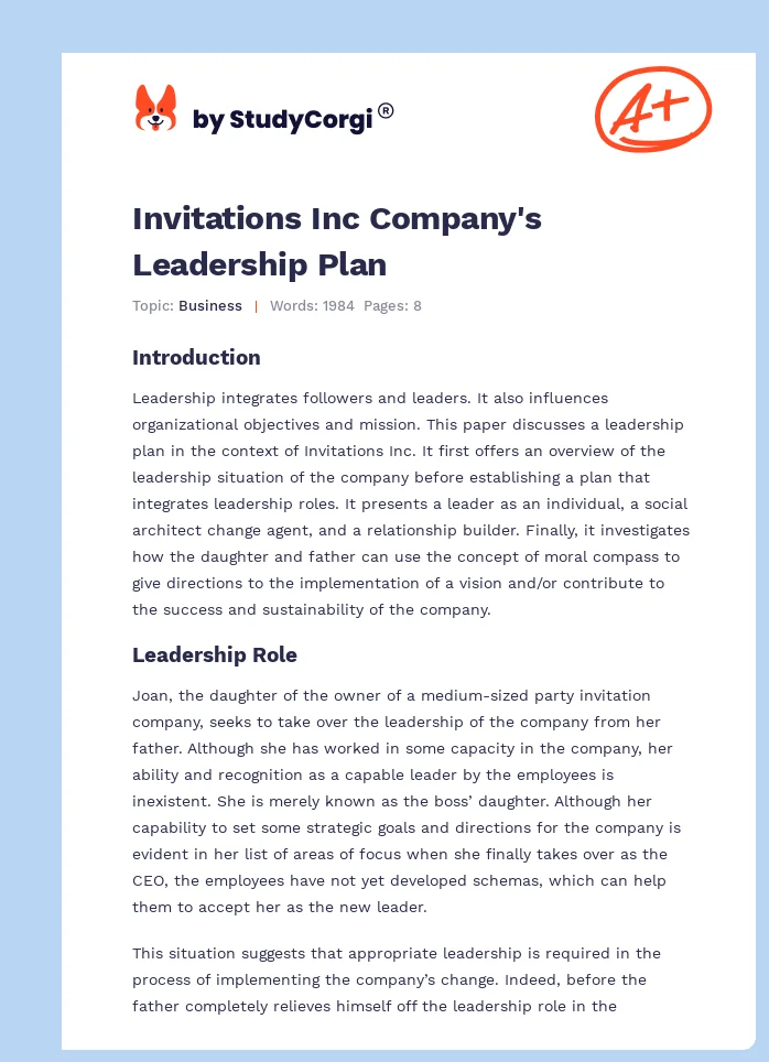 Invitations Inc Company's Leadership Plan. Page 1