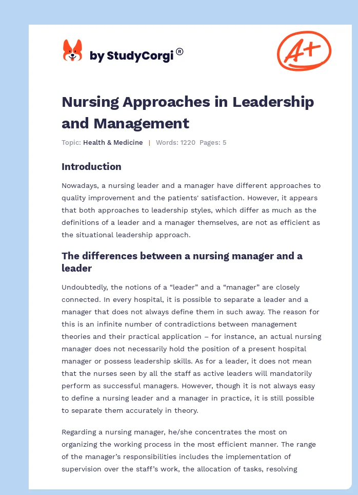 Nursing Approaches in Leadership and Management. Page 1