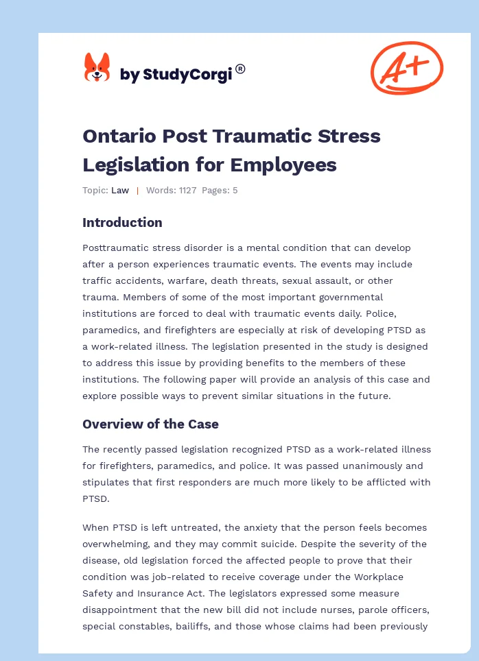 Ontario Post Traumatic Stress Legislation for Employees. Page 1