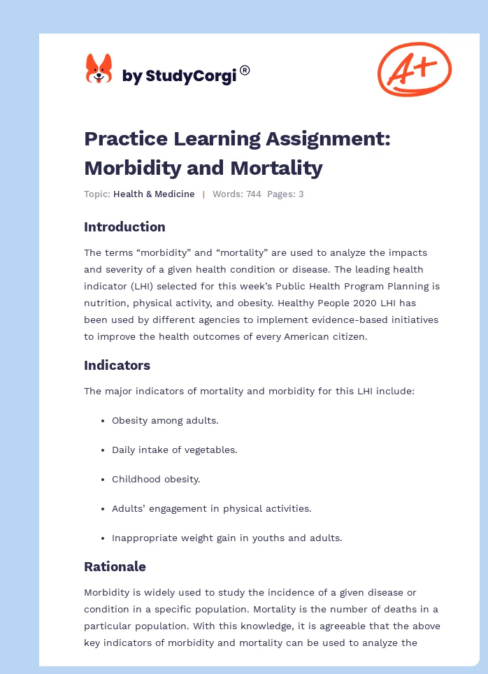 Practice Learning Assignment: Morbidity and Mortality. Page 1