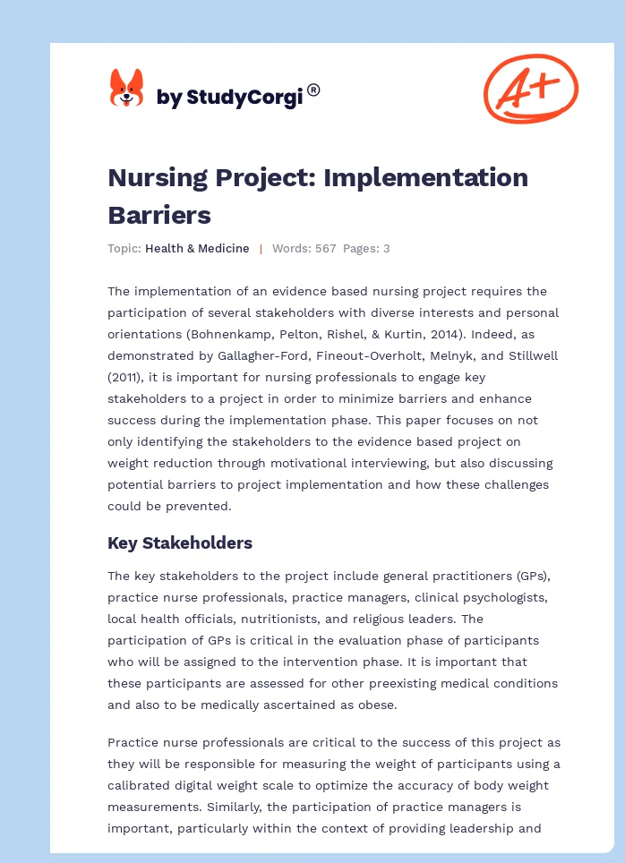 Nursing Project: Implementation Barriers. Page 1