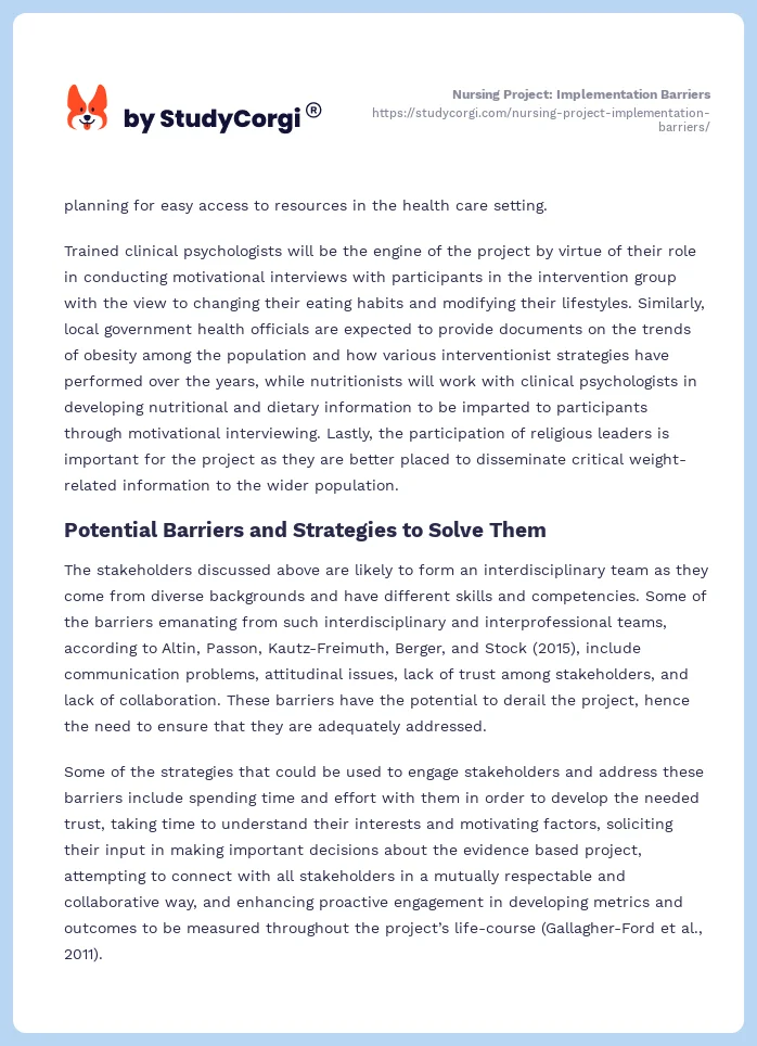 Nursing Project: Implementation Barriers. Page 2