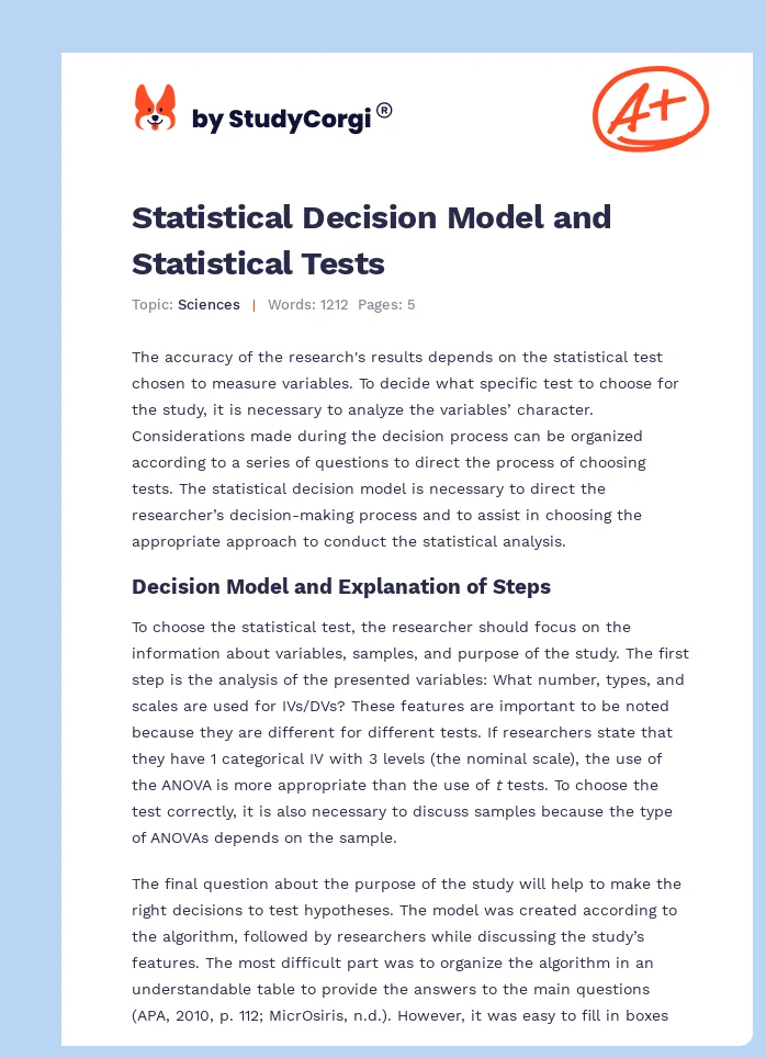 Statistical Decision Model and Statistical Tests. Page 1