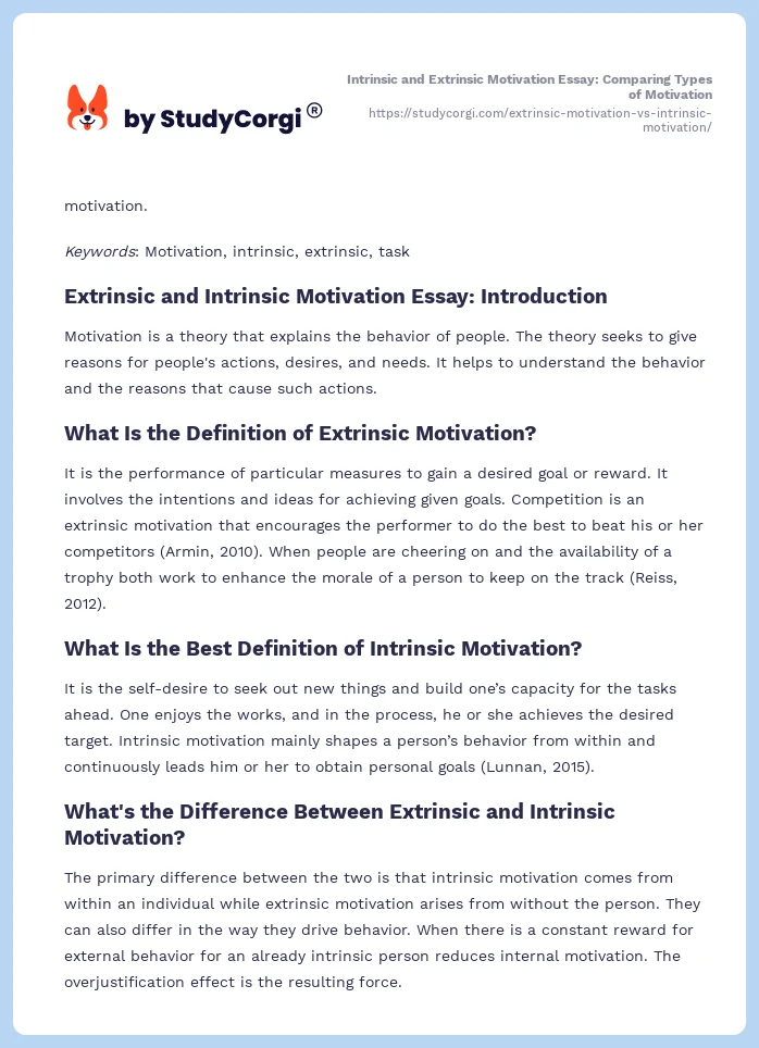Intrinsic and Extrinsic Motivation Essay: Comparing Types of Motivation. Page 2