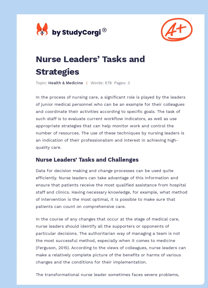 Nurse Leaders’ Tasks and Strategies. Page 1