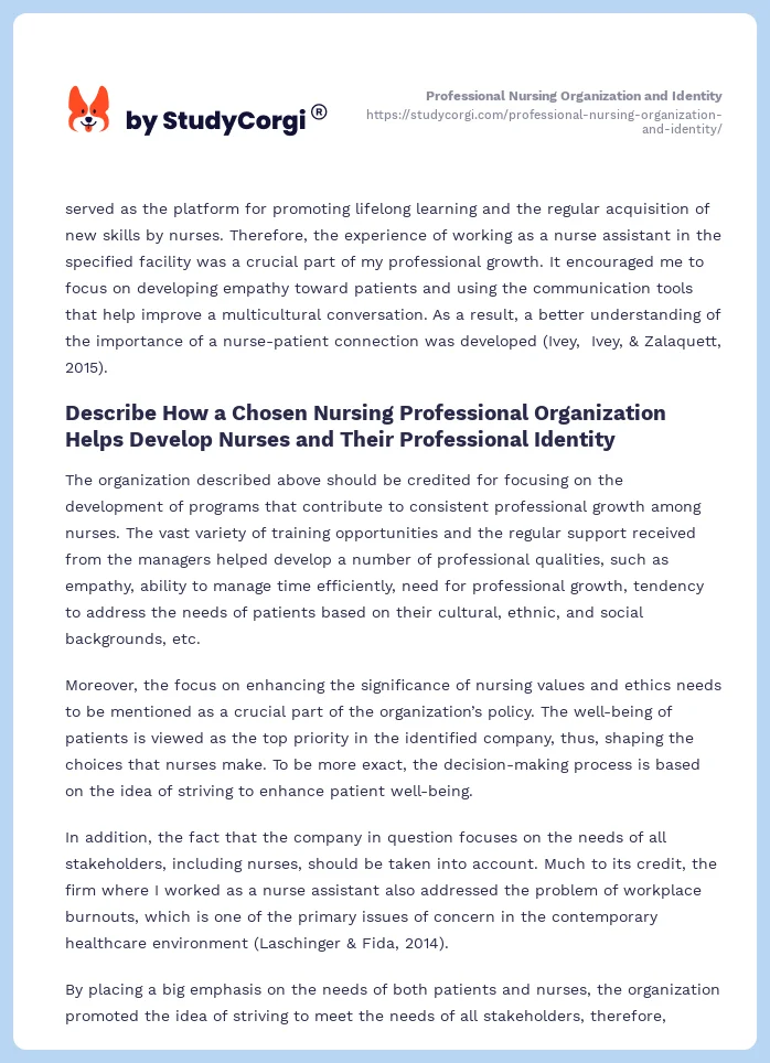 Professional Nursing Organization and Identity. Page 2