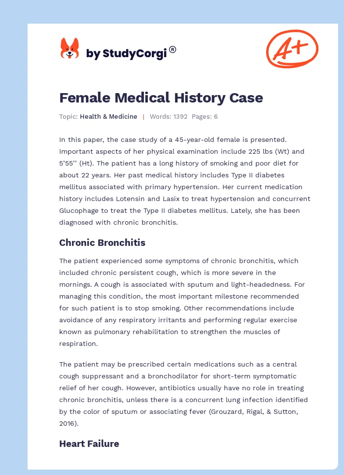 Female Medical History Case. Page 1