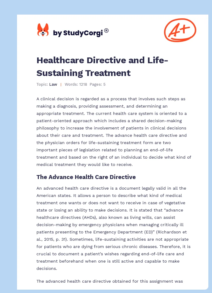 Healthcare Directive and Life-Sustaining Treatment. Page 1