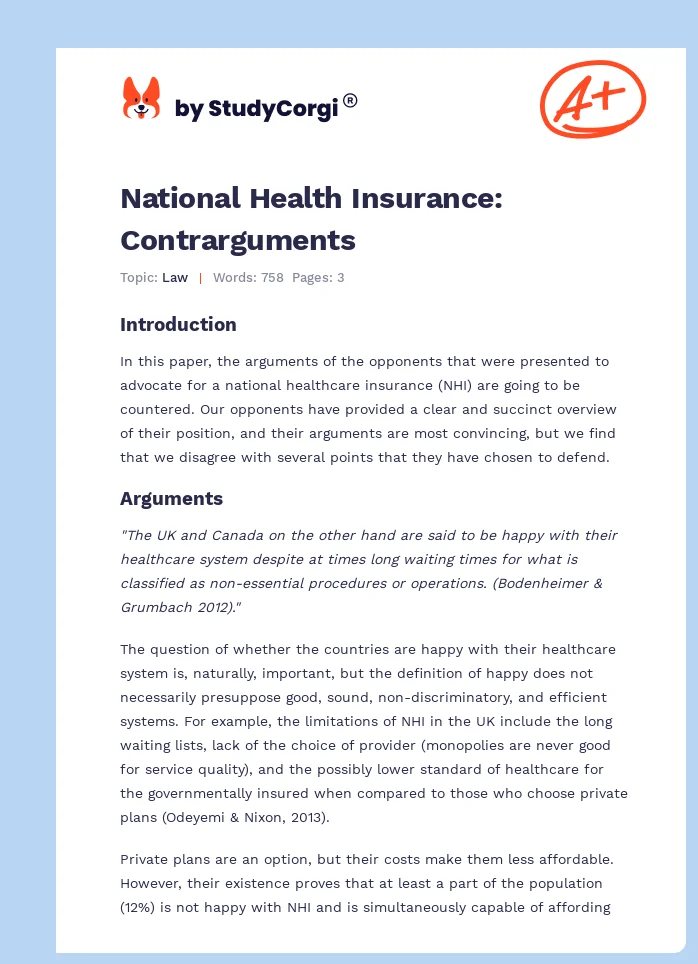National Health Insurance: Contrarguments. Page 1